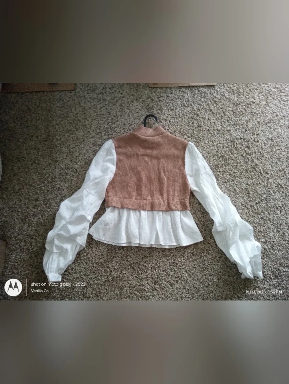 Anthropologie Mixed Media Mock Neck Ruffle Sleeve Peplum Top Tan Medium